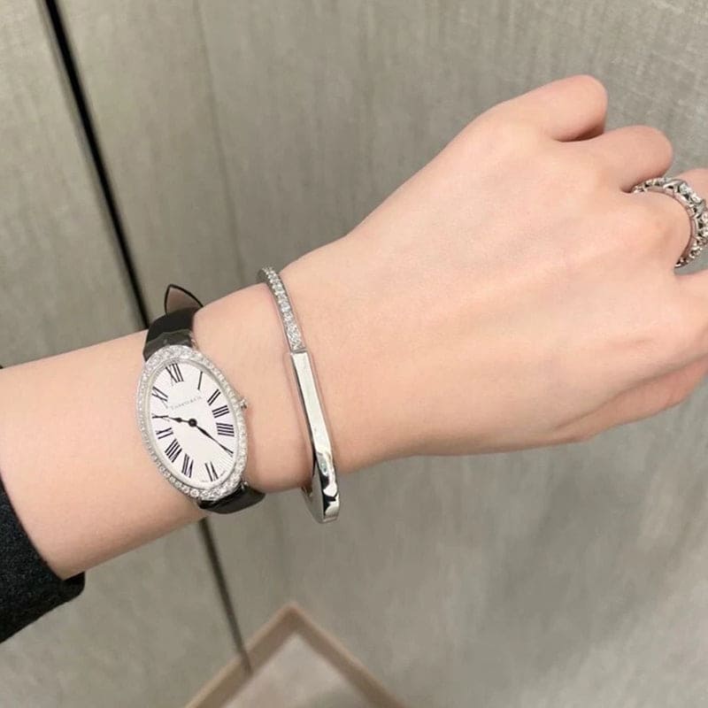 18K Tiffany Lock Bangle Half Pave Diamonds Bracelet