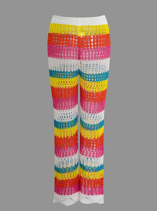 Color Block Crochet Hollow Out Drawstring Knit Pants