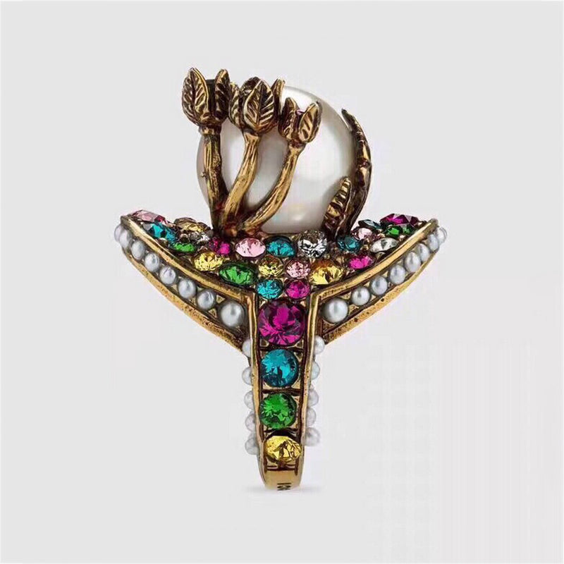 18K Double Gucci Multistone Pearl Ring