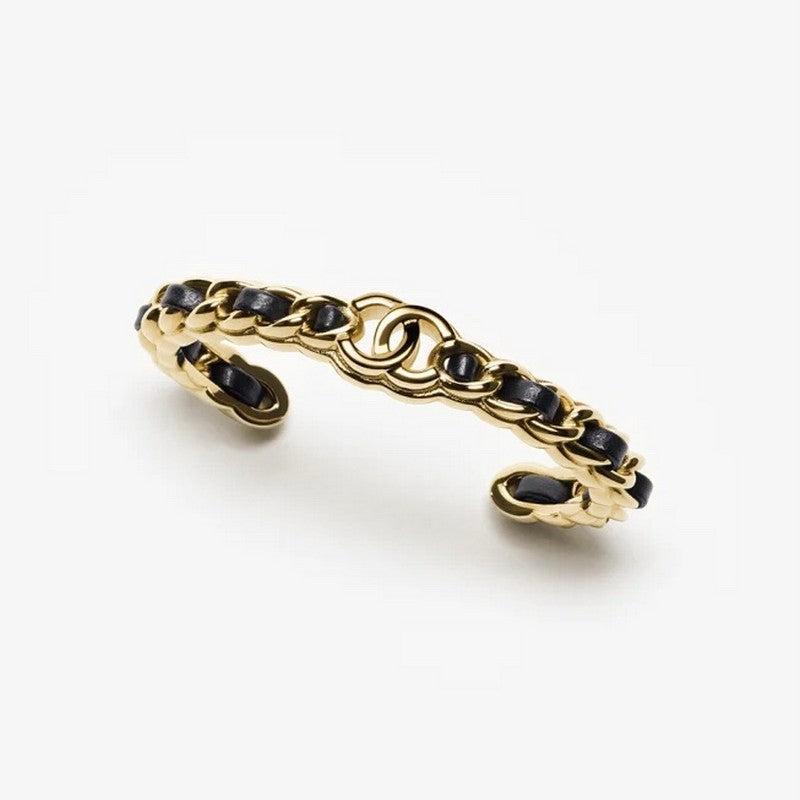 18K  Chanel Black Leather Cuff Bracelet