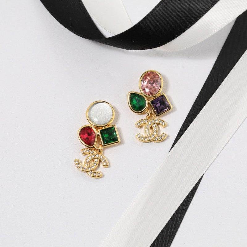 18K  Chanel Color Crystal Gold Earrings