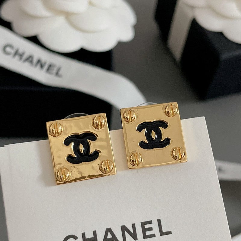 18K  Chanel Black Gold Square Earrings