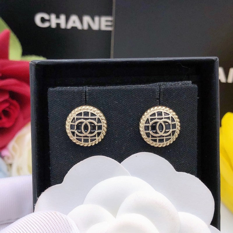 18K  Chanel Black & Gold Round Earrings