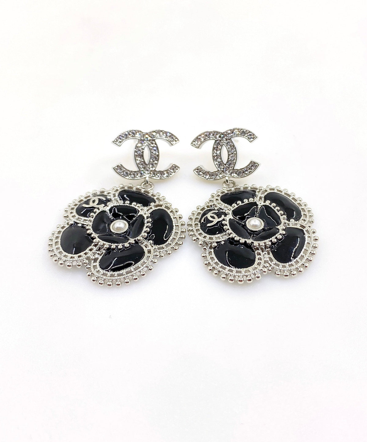 18K  Chanel Black Pearl Camellia Earrings