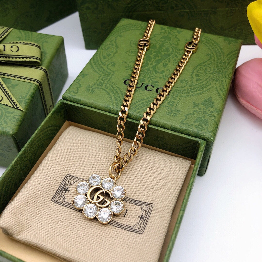 18K Double Gucci Flower Crystals Necklace