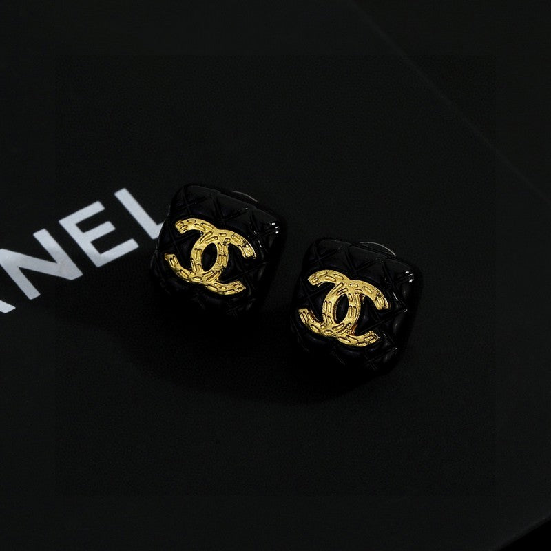 18K  Chanel Black Gold Square Earrings