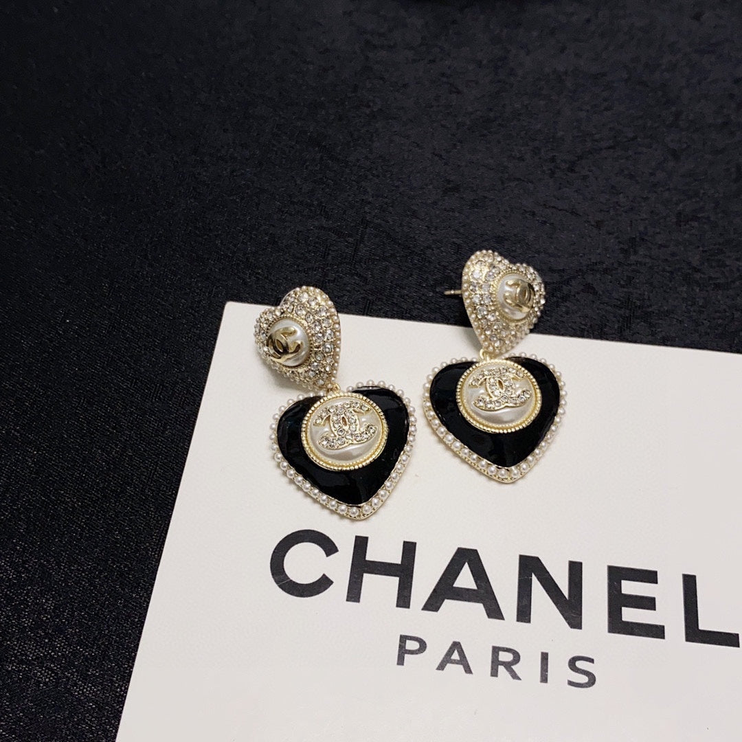 18K  Chanel Black Heart Earrings