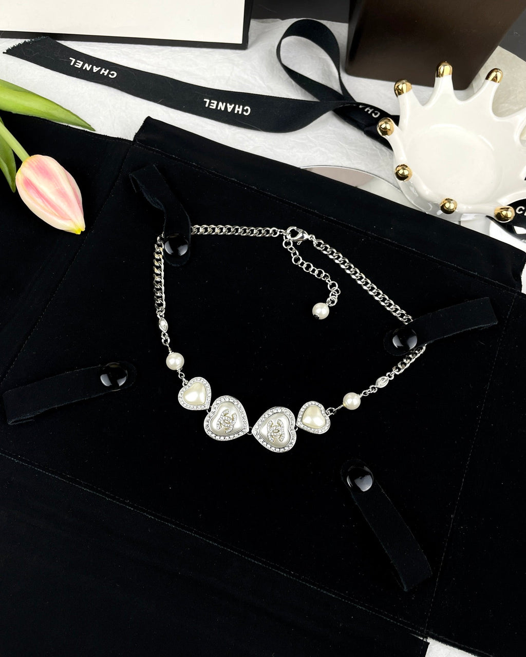 18K  Chanel Heart Crystals Necklace