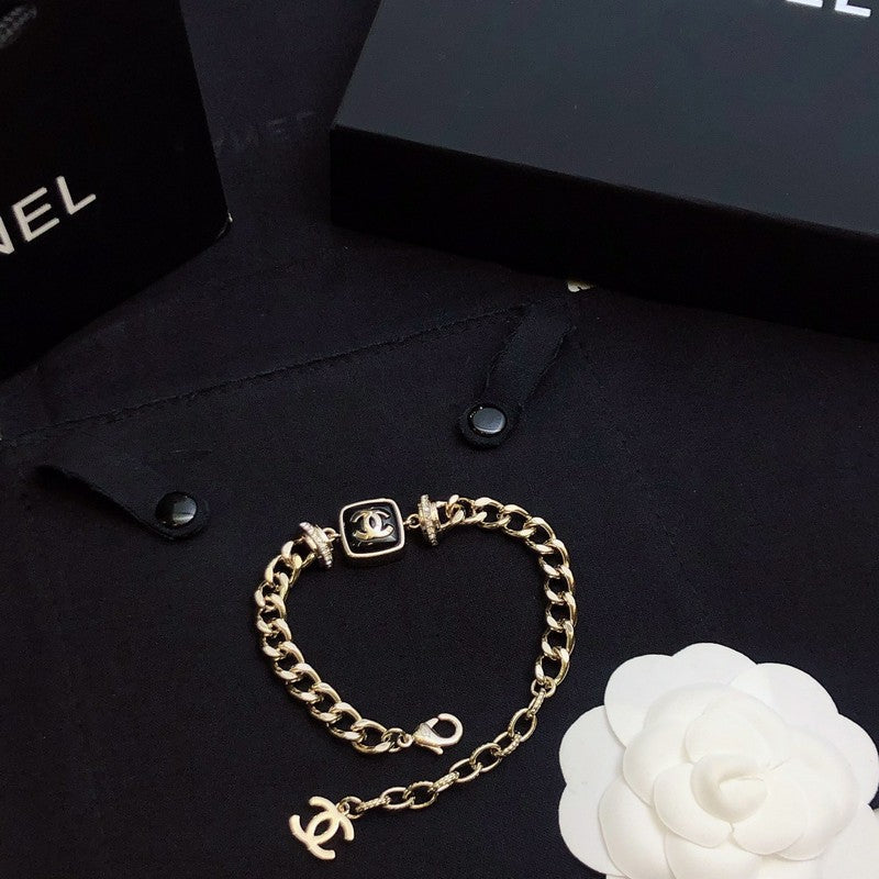 18K  Chanel Black Logo Gold Chain Bracelet