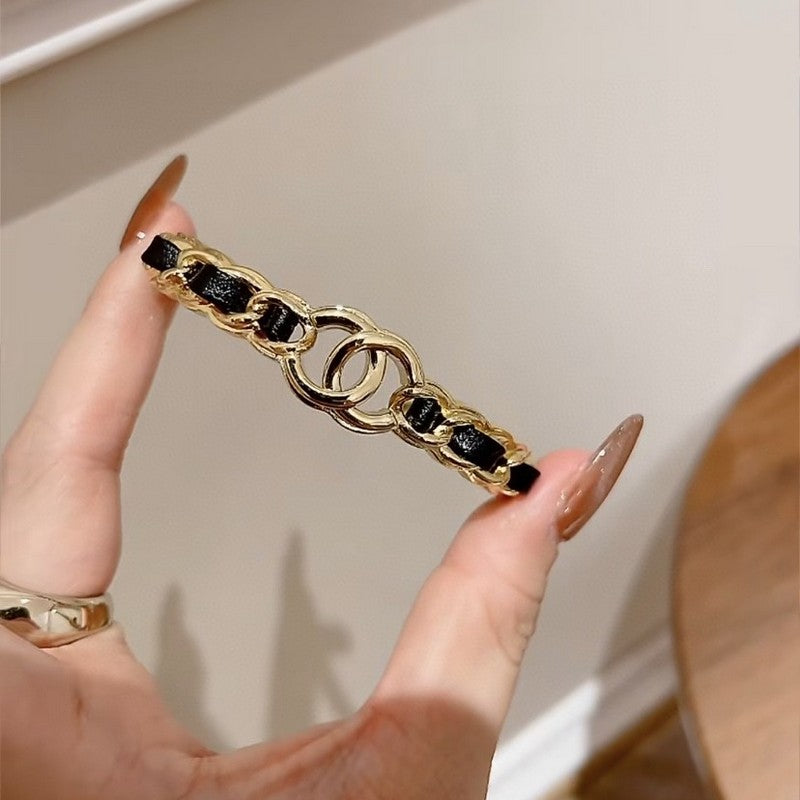 18K  Chanel Black Leather Cuff Bracelet