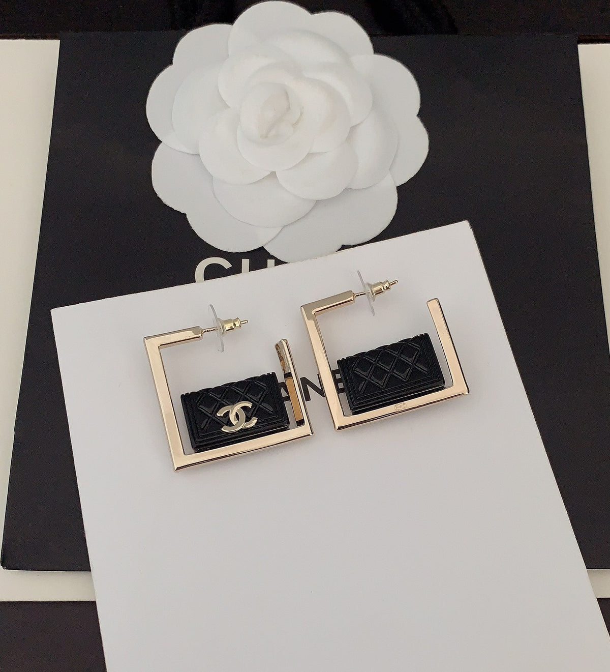 18K  Chanel Black Bag Pendant Earrings