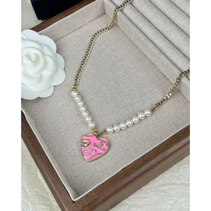 18K  Chanel Pink & Black Heart Pearl Necklace