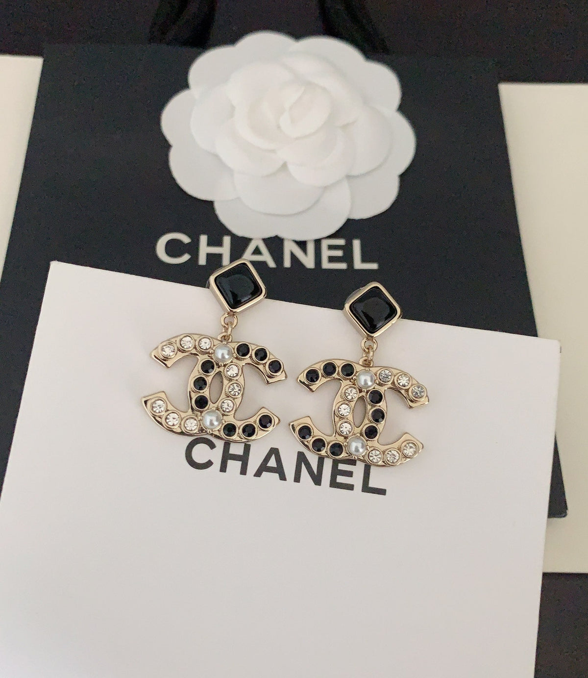 18K  Chanel Black Crystals Earrings