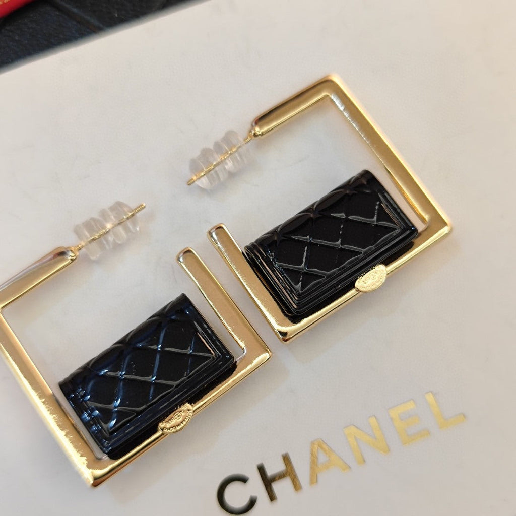 18K  Chanel Black Bag Hoop Earrings
