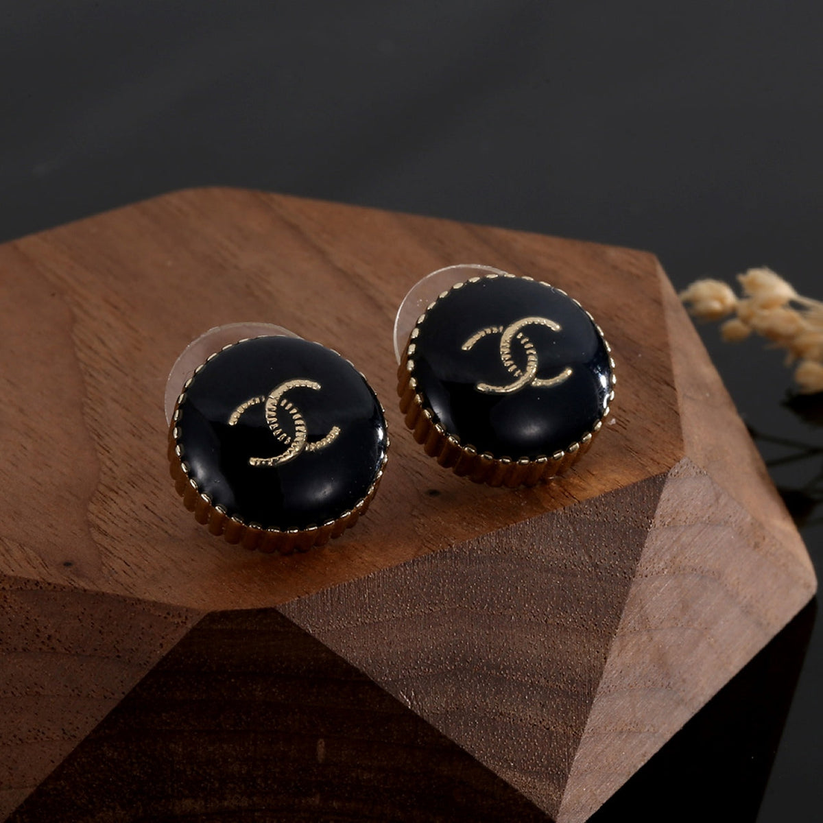 18K  Chanel Circle Black Resin Earrings
